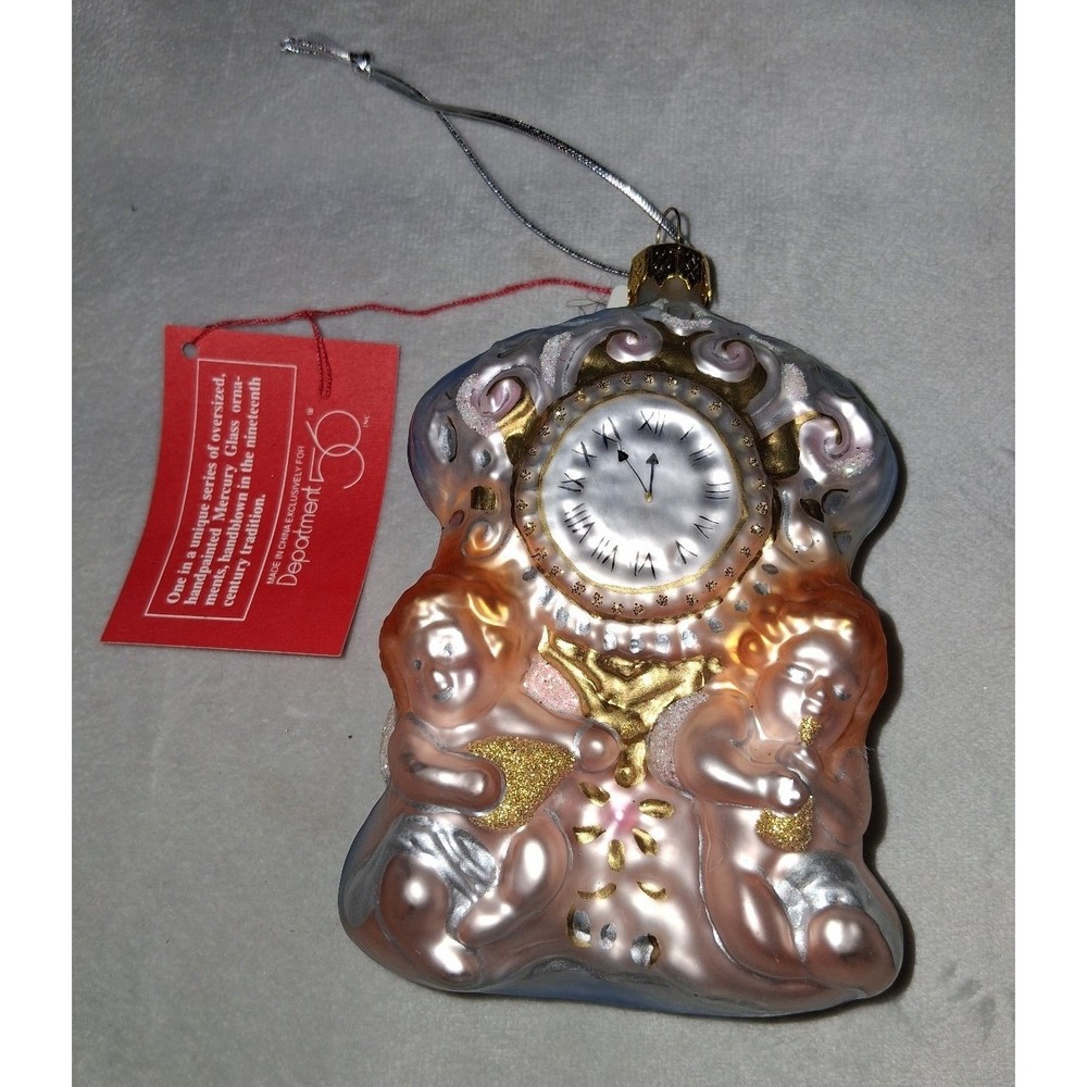 Vintage Department 56 Mercury Glass Cherub Clock Christmas Ornament 5"